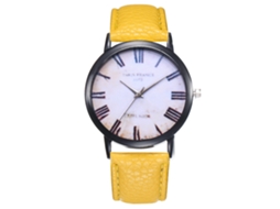Relógio de quartzo unissex com pulseira de couro PU, mostrador redondo com numerais romanos, amarelo.