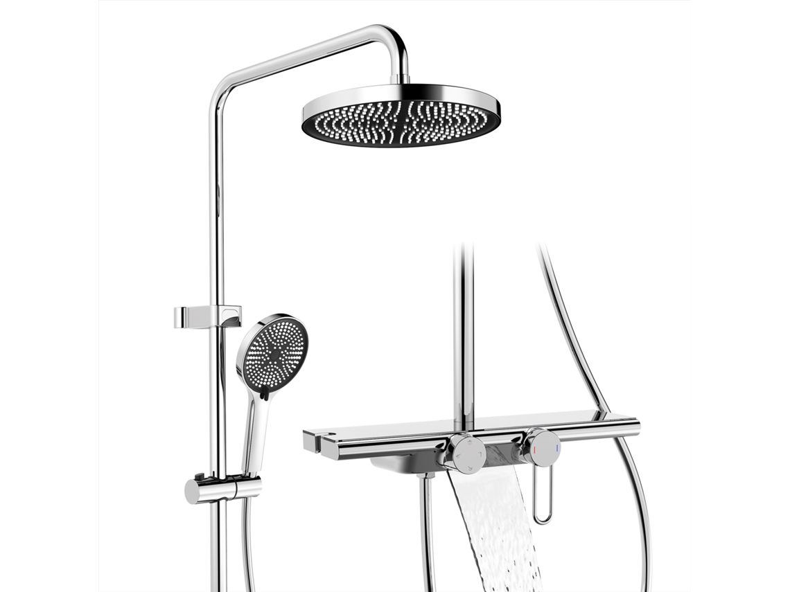 Coluna De Chuveiro Cromada Com Prateleira De 40 Cm, Duchinha Com 5 Modos, Efeito Cascata E Armazenamento Prático