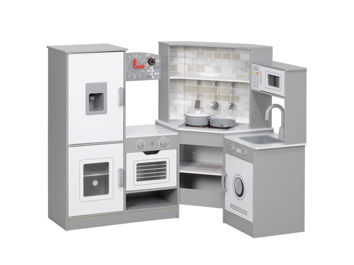 Cozinha de Madeira para Crianças com Sons Forno Lavatório Micro ondas Máquina de Gelo e Acessórios 110x80x91 Cm Cinza LAMAISON