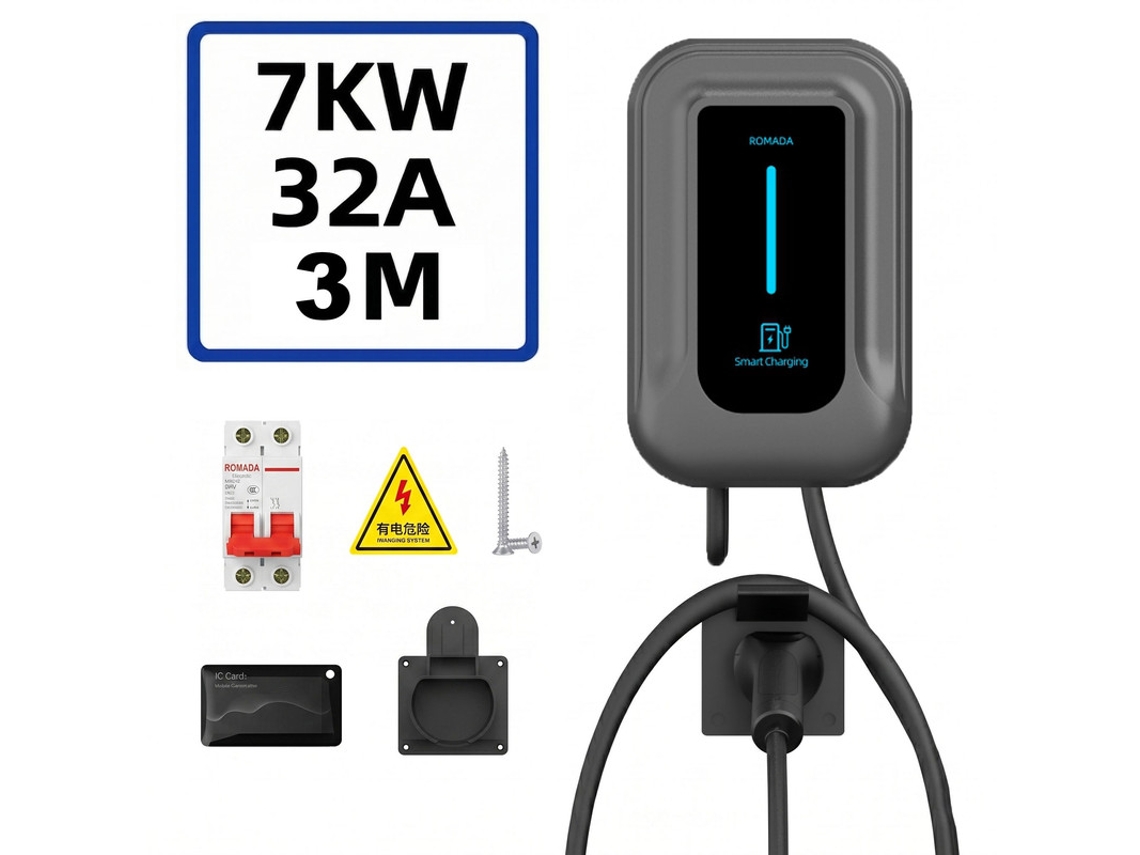 Wallbox Carregador Carro Elétrico Tipo 2 SZSMART Qc5 7kw 32a Monofásico Ajustável, Leitor Rfid, Led, Cabo Aberto 3m