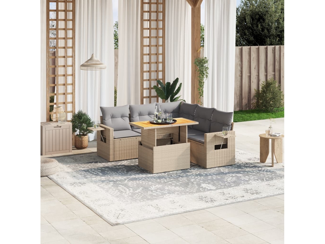 Vidaxl 6 Pcs Conjunto De Sofás P/ Jardim Com Almofadões Vime Pe Bege