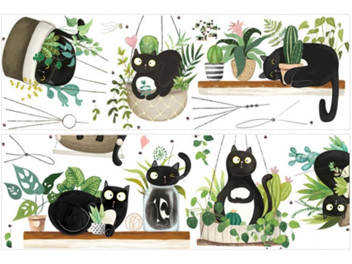 Adesivos De Parede Diy Para Quarto: Gato Preto E Plantas