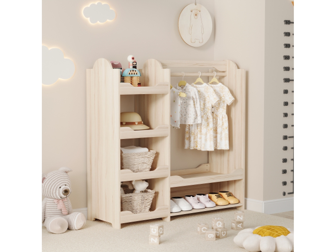 Guarda Roupa Infantil BTFORUS com Cabideiro e 4 Prateleiras, Armário para Quarto de Criança, em Madeira Natural (110x39x110 cm)