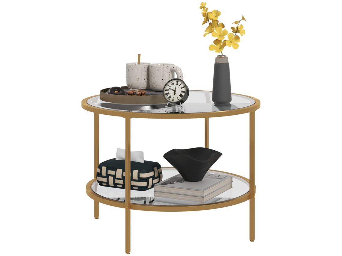 Mesa Lateral 2 Prateleiras,design Moderno,ø60x43hcm,dourado BTFORUS