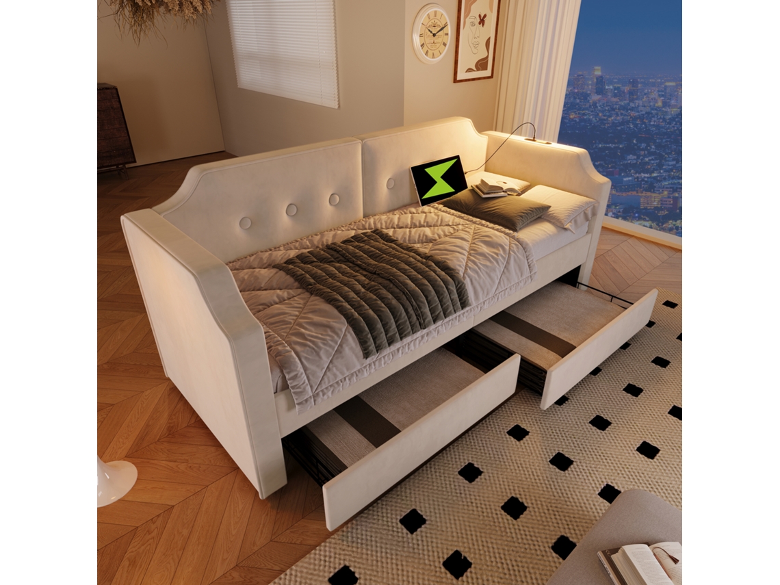 Cama Solteiro Bege 90x200cm Estofada, Veludo, Sofá-cama, 2 Gavetas, Usb-c, Ripas (s/ Colchão). -op