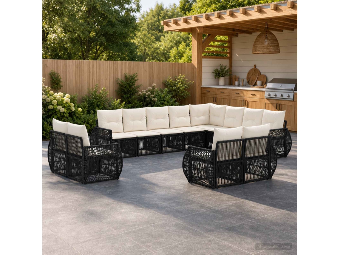 Vidaxl Conjunto De Sofá De Jardim 12 Pcs Preto E Branco Creme Vime Pe