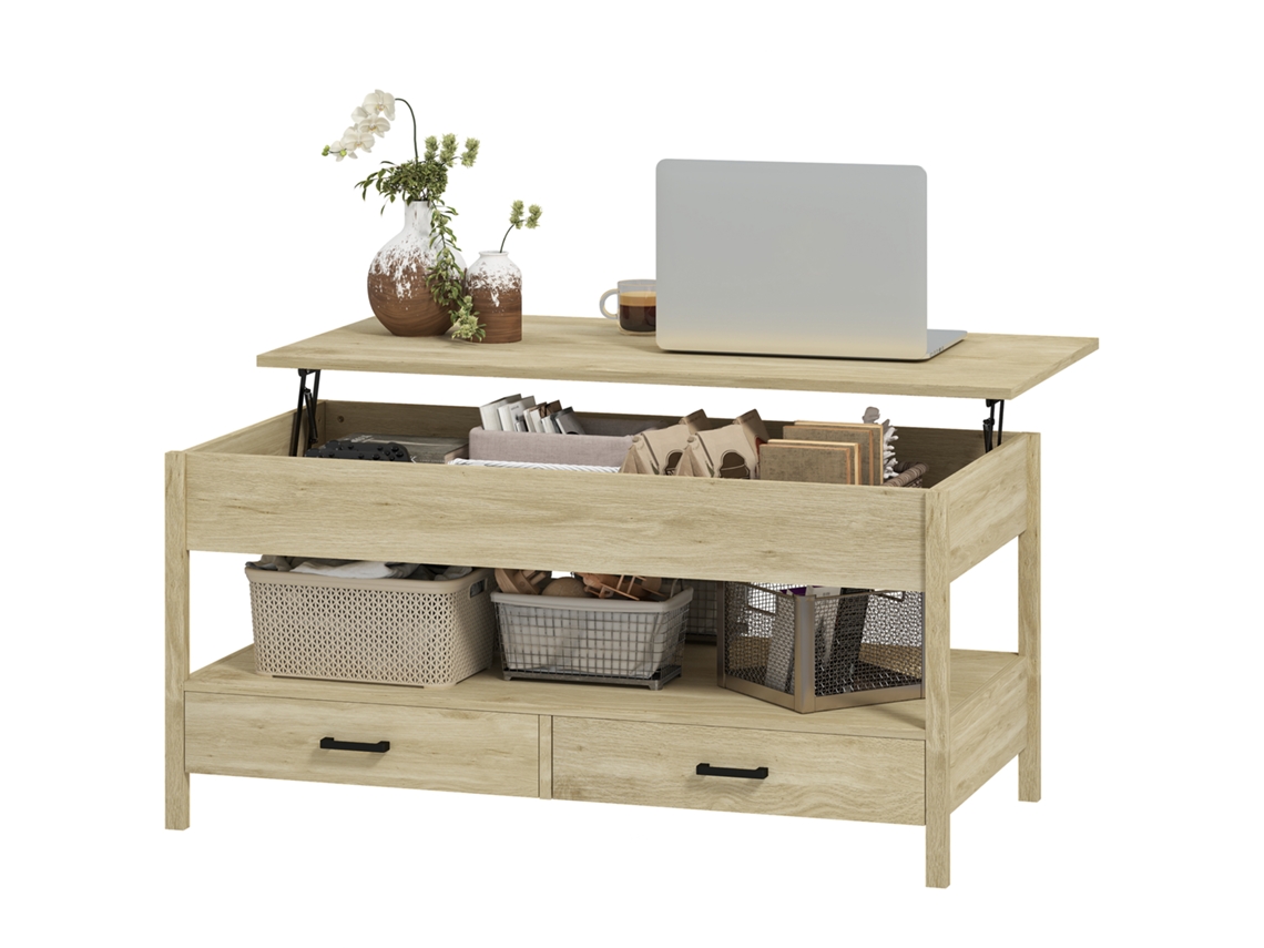 Mesa de Centro Elevável S/MARCA (com Gavetas e Prateleira, carvalho, 100x50x48 62 cm)
