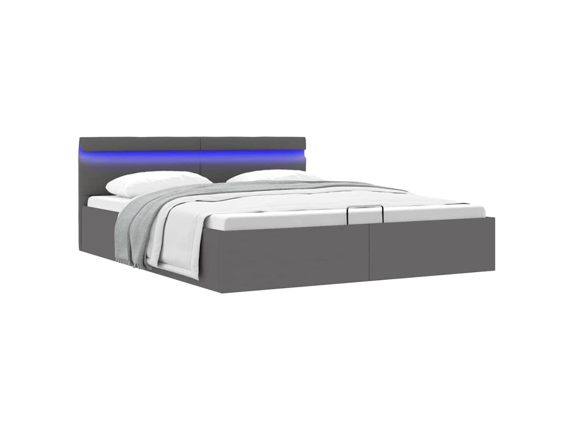 Vidaxl Cama Hidráulica C/ Arrumação Led 160x200cm Couro Artific. Cinza