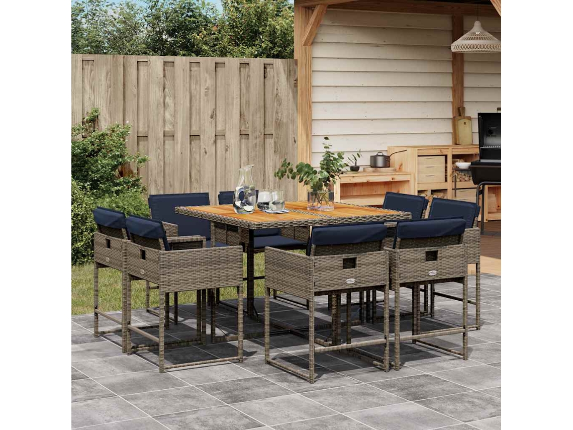 Vidaxl 9 Pcs Conjunto De Jantar P/ Jardim C/ Almofadões Vime Pe Cinza