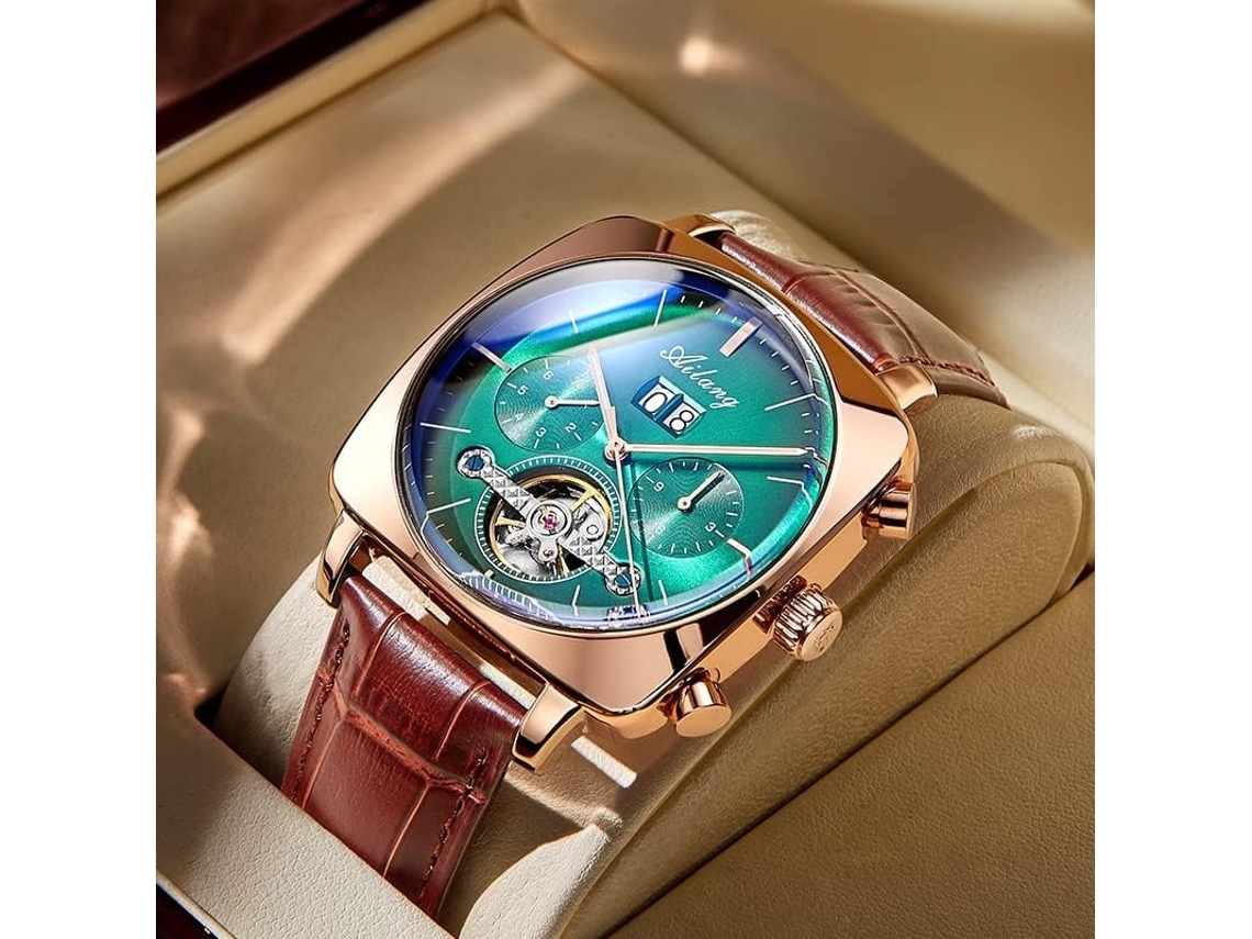 Lurelia Relógio Mecânico Masculino, Automático, Data/calendário, Aço Inoxidável, Couro, Rosa Ouro, Dourado E Preto