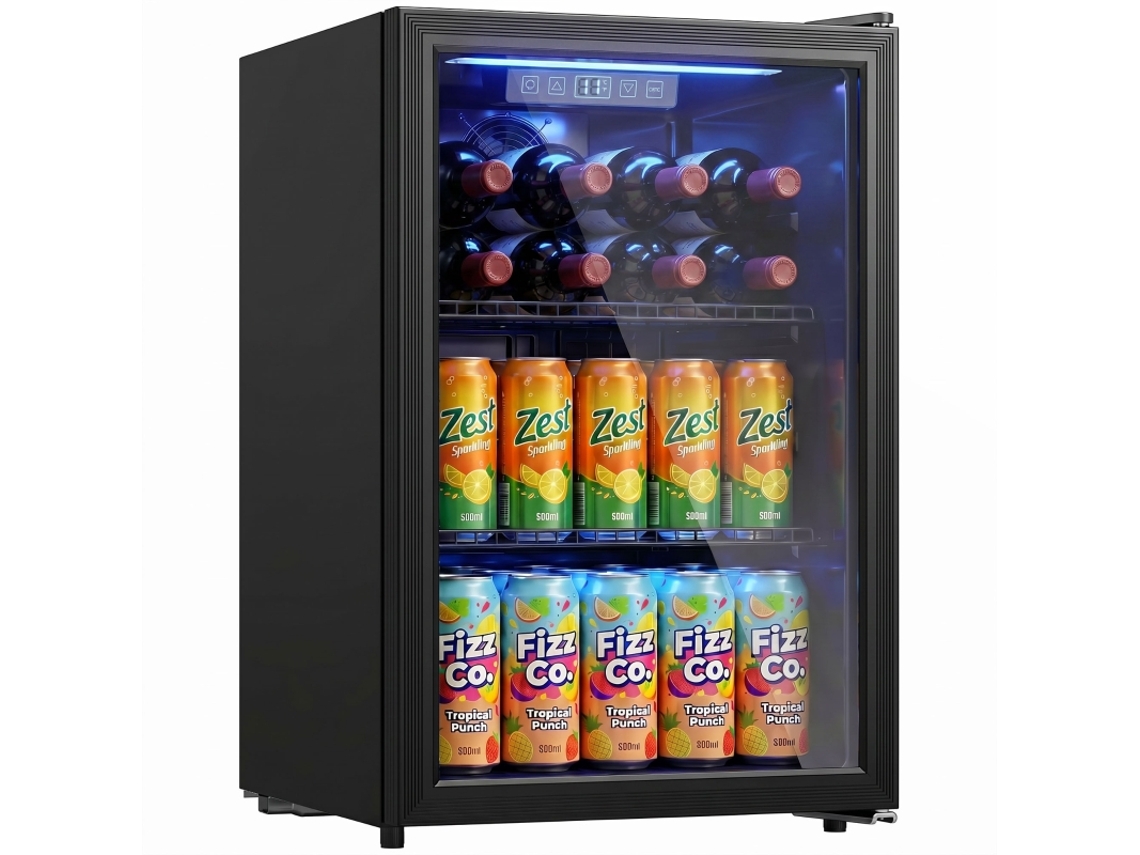 Frigorífico mini 70 L capacidade para 70 latas, pequeno e silencioso, porta em vidro temperado, prateleiras ajustáveis, preto ROLIPO | ROLIPO