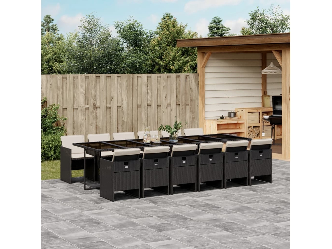 Conjunto 13 Peças Jantar P/jardim Com Almofadões Vime Pe Preto Dkd Home Decor
