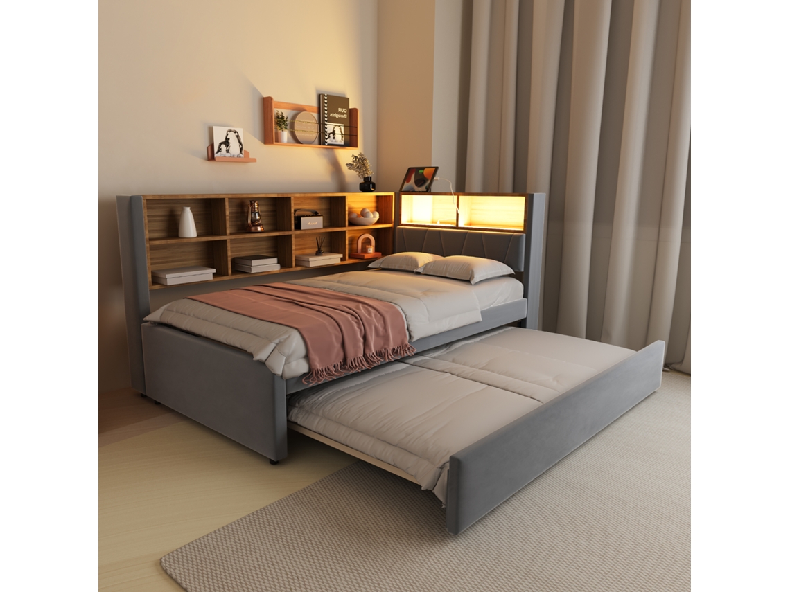 Sofá-cama 90x200 Extensível 90x190 Com Led, Tomada E Cinza