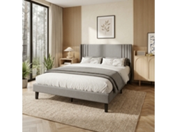 Estrutura De Cama 160x200 Cm Com Cabeceira Estofada Em Linho, Estrado Incluído, Cama De Casal Para Quarto, Cinzento