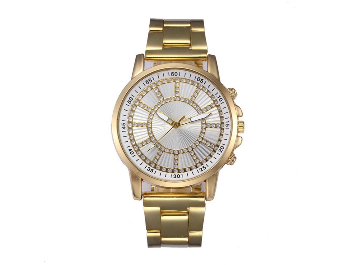 Relógio de pulso analógico de quartzo com strass para homens e mulheres, dourado e branco.