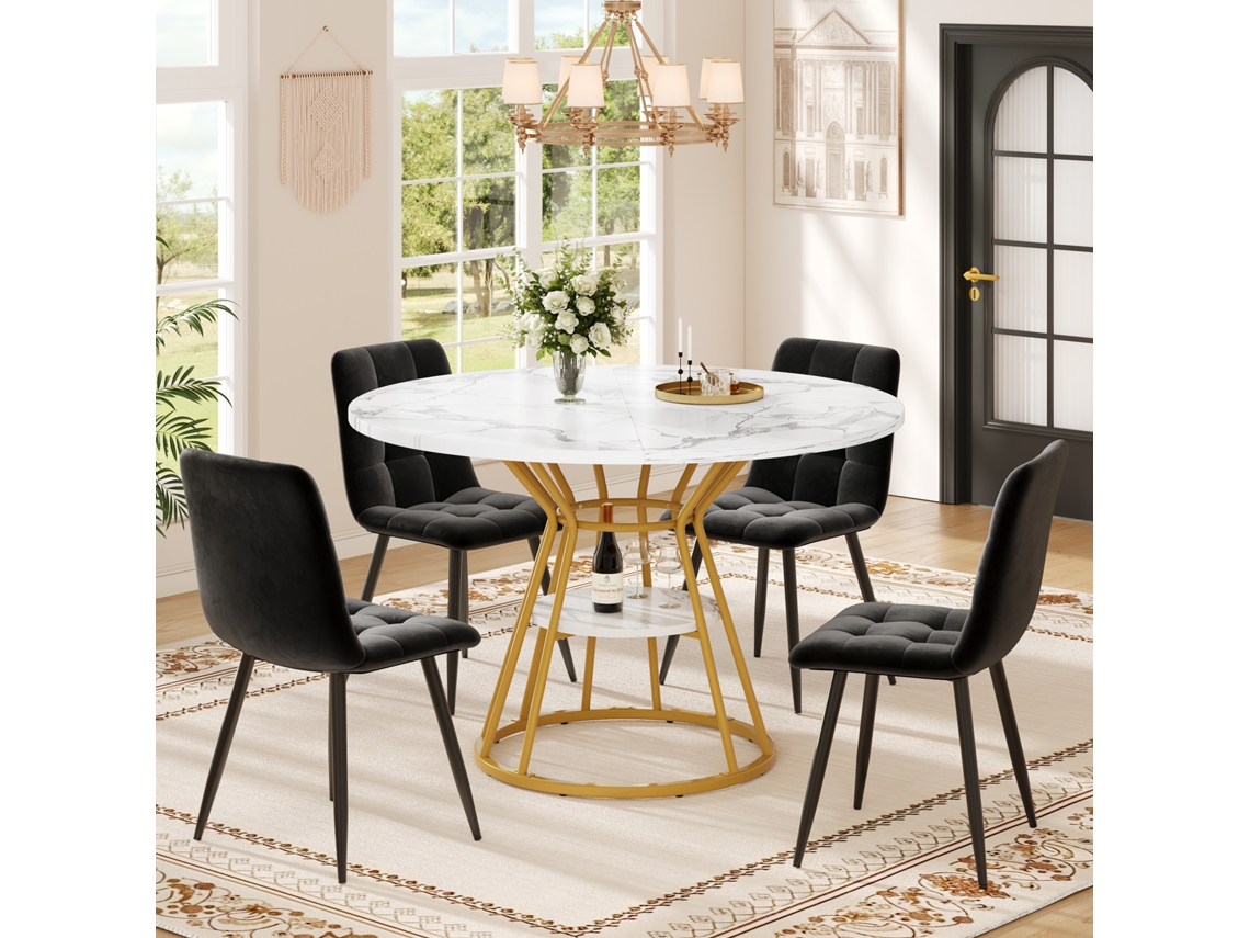 Conjunto Jantar 5p, Mesa Redonda 100x100x76cm Mármore + 4 Cadeiras Pretas. Cs