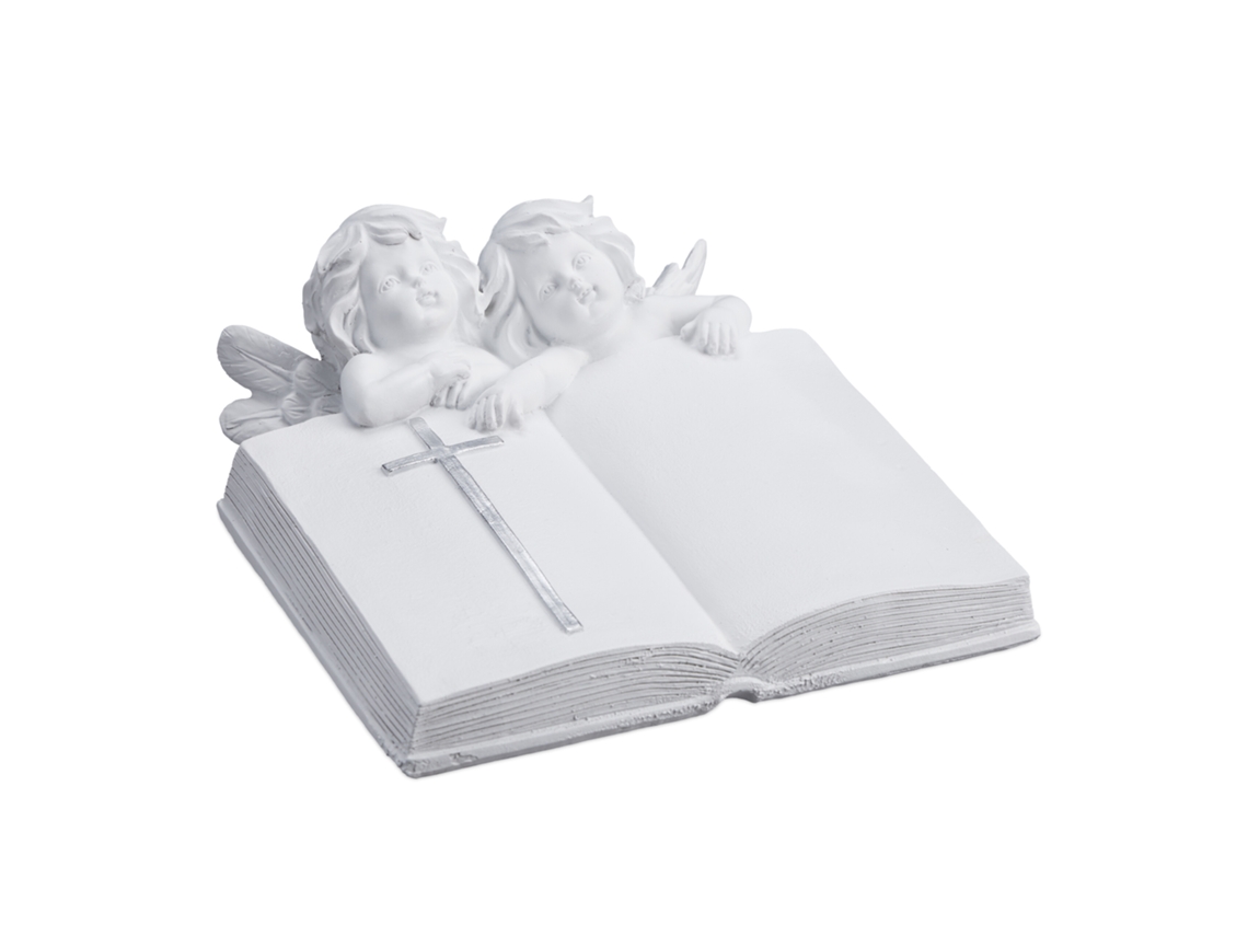 Relaxdays Anjo Da Sepultura Com Livro, Poliéster Resistente Ao Gelo E Uv, A X L X P: 10 X 20 X 20 Cm, Enfeite, Branco