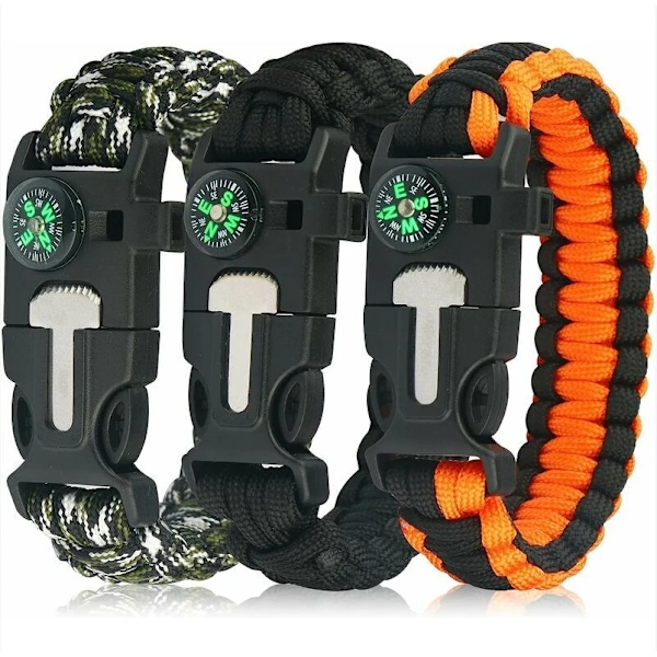 Pacote com 3 Pulseiras de Sobrevivência em Paracord para Camping BRILVIBERA