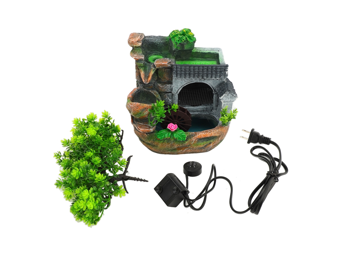 Fonte de mesa Baok com cascata interna, pedra e roda d'água, decoração para casa e escritório.