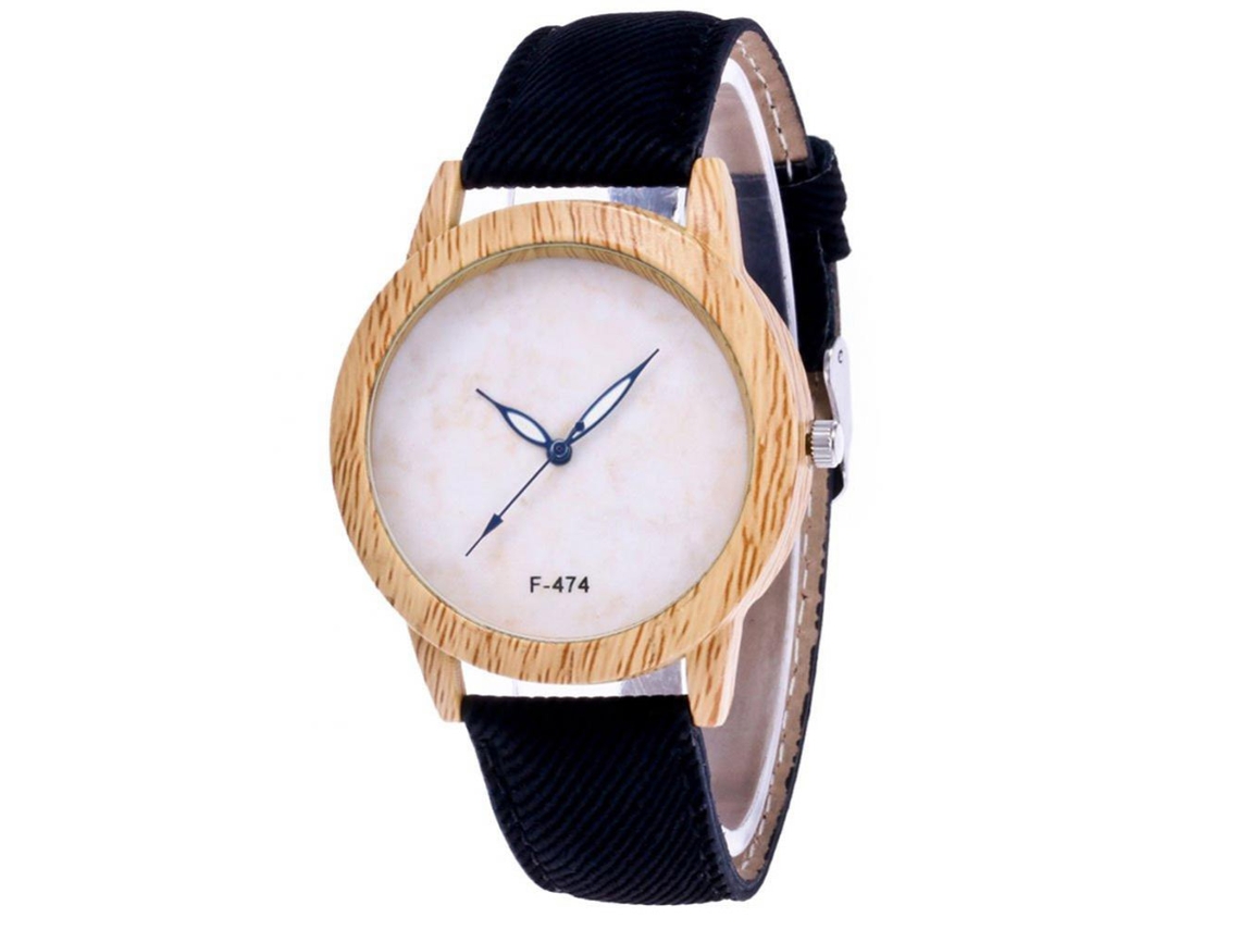 Reloj De Pulsera Unisex Casual Con Caja De Madera Y Correa De Denim Negro