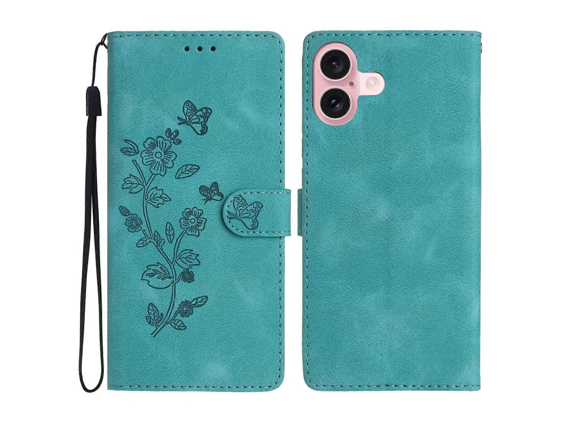 Capa De Couro Com Estampa De Flores E Bolso Para Iphone 16 Plus Com Alça De Pulso