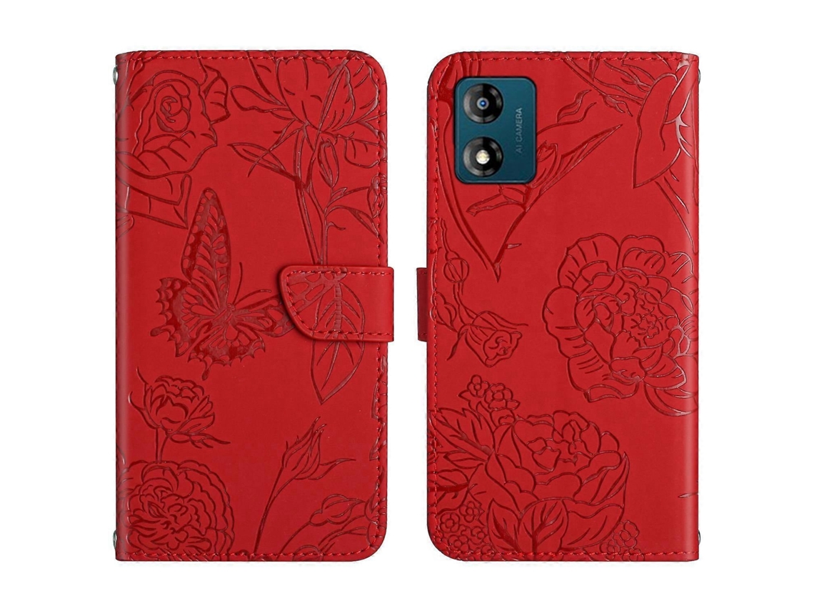 Capa De Celular Flip Em Couro Sintético Com Textura De Borboleta Para Motorola Moto E13 4g Ht03