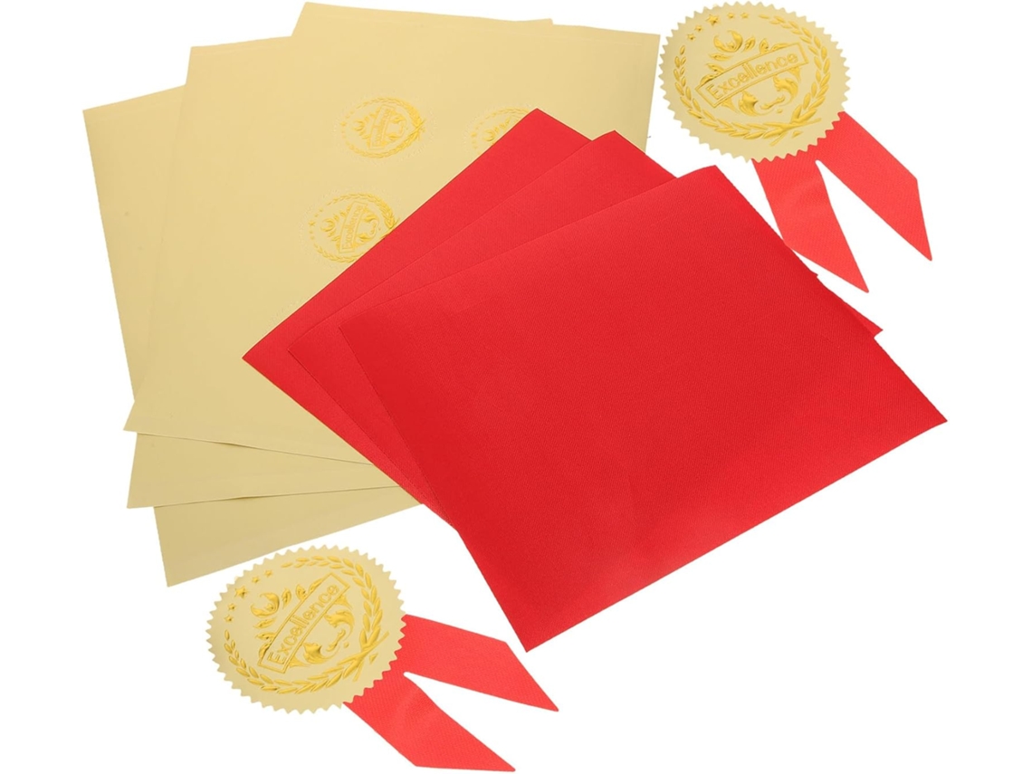 Conjunto De 36 Adesivos De Alumínio Dourado Em Relevo Para Medalhas De Premiação, Com 36 Fitas Vermelhas Em
