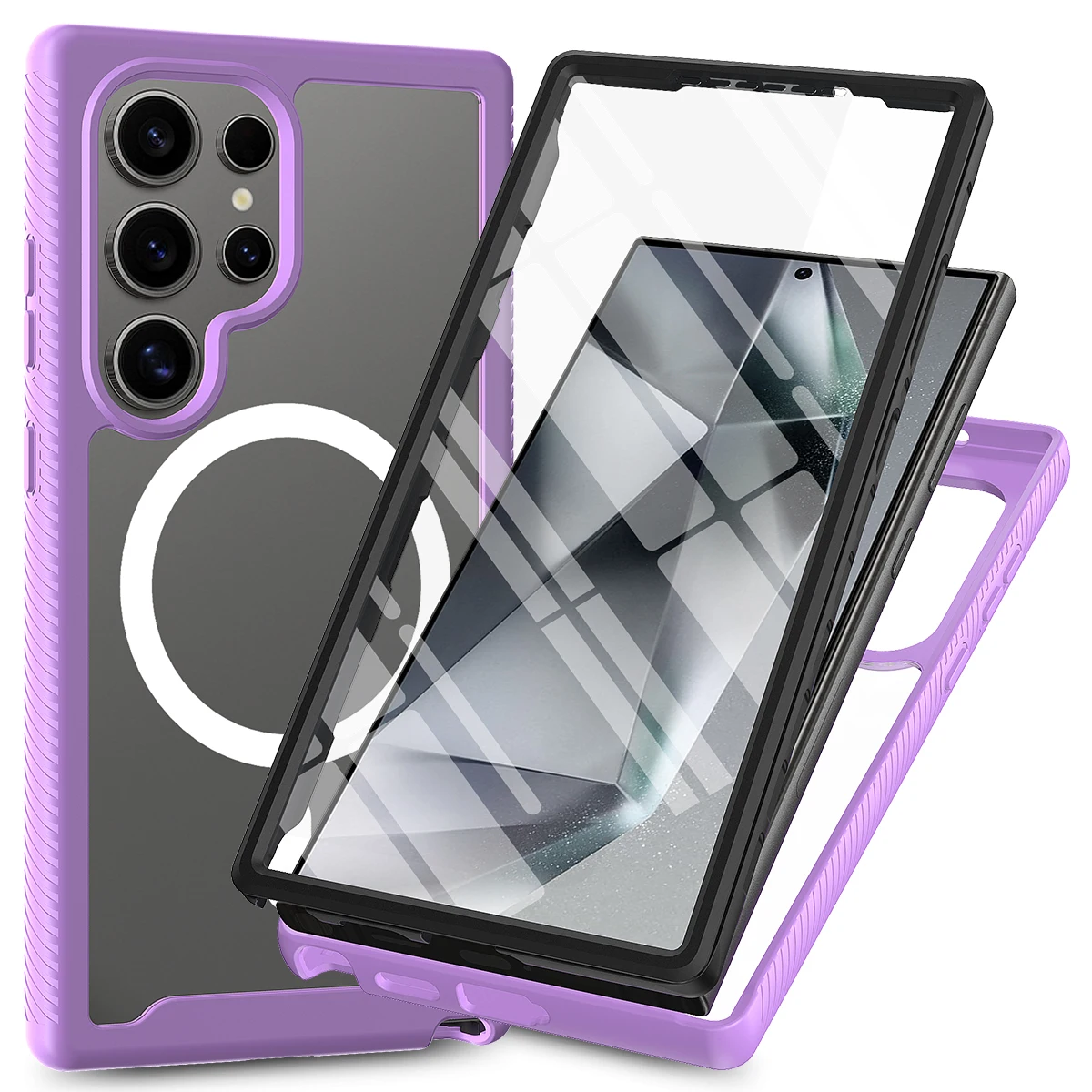 Capa Transparente 360° À Prova De Choque Para Celular (roxa, Galaxy S24), Compatível Com Carregamento Magnético, Inclui Protetor De Tela.