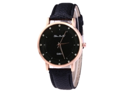 Relógio de quartzo com pulseira de couro PU, mostrador redondo, decoração com strass, unissex, Zhoulianfa (preto)