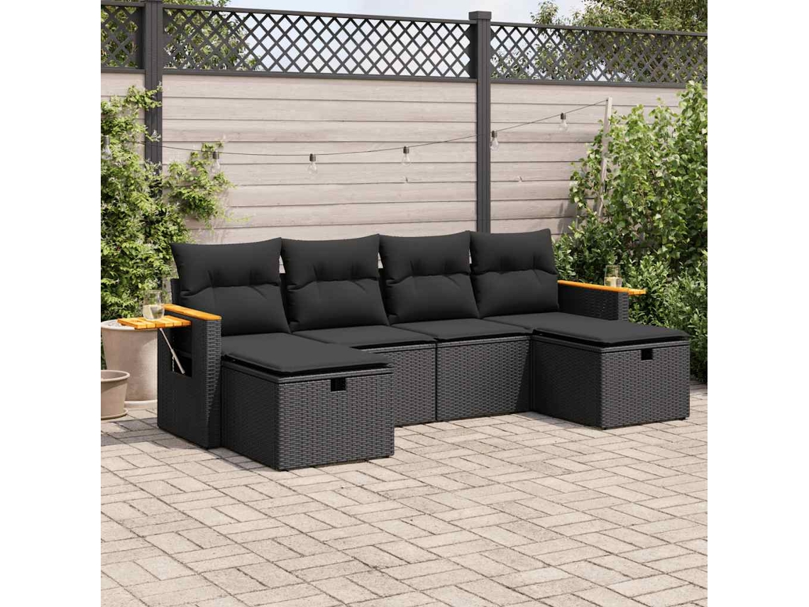 Vidaxl 6 Pcs Conjunto Sofás De Jardim C/ Almofadões Vime Pe Preto