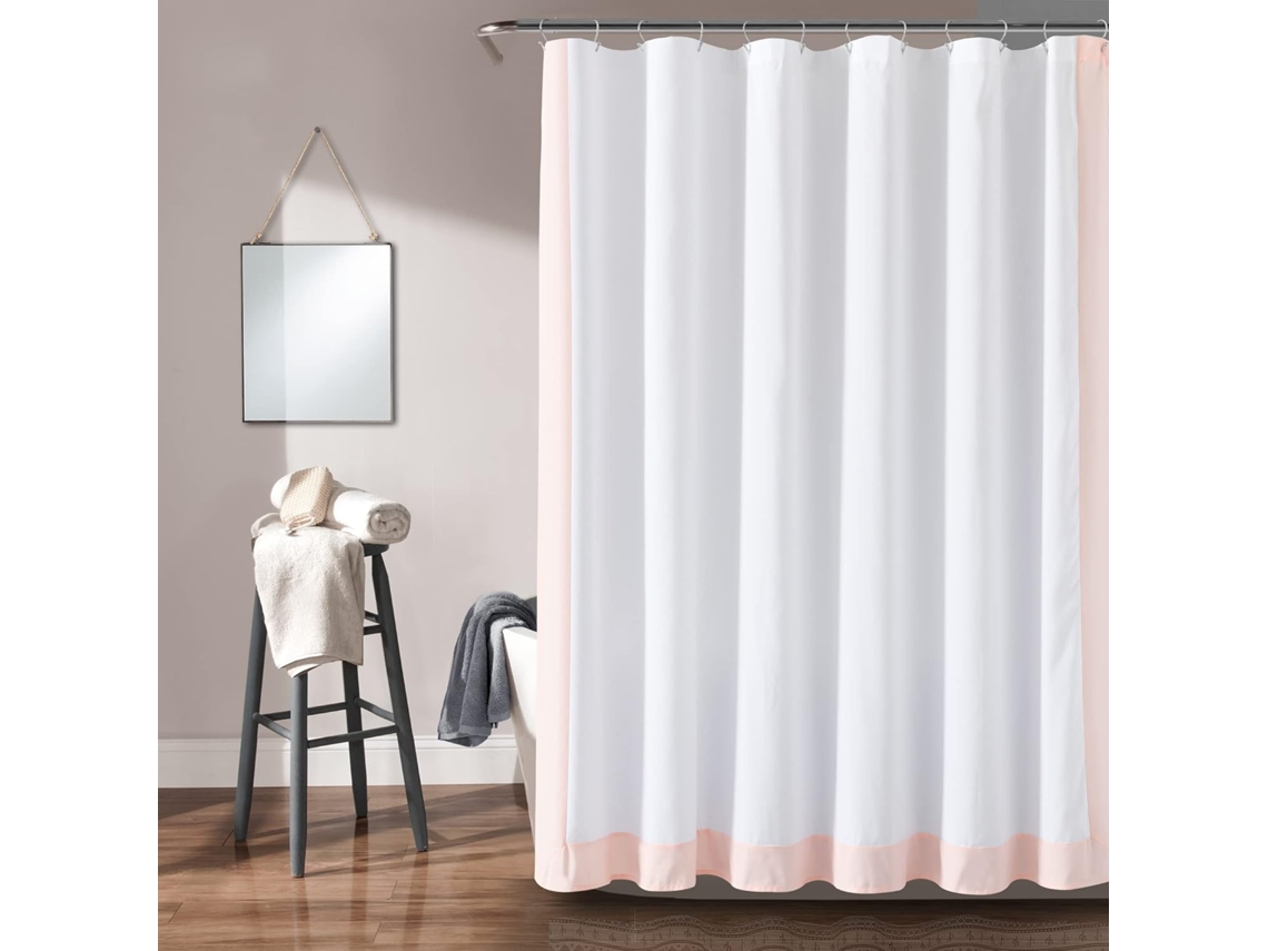 Cortina Com Borda Lisa - 182,9 X 182,9 Cm - Branca E Rosa Claro