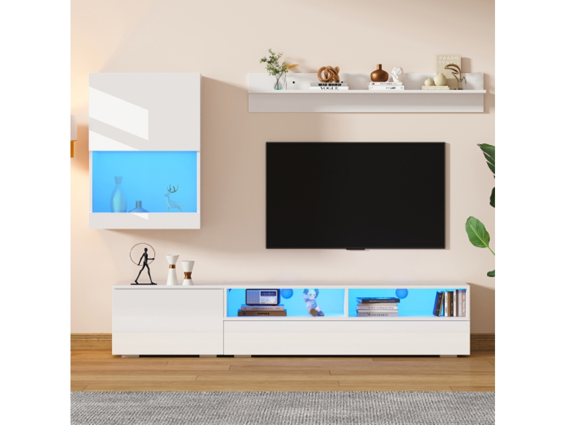 Conjunto Painel Tv 175×39×34cm (3 Peças), Parede/chão, Led Brilhante, Até 80 Polegadas, Branco.