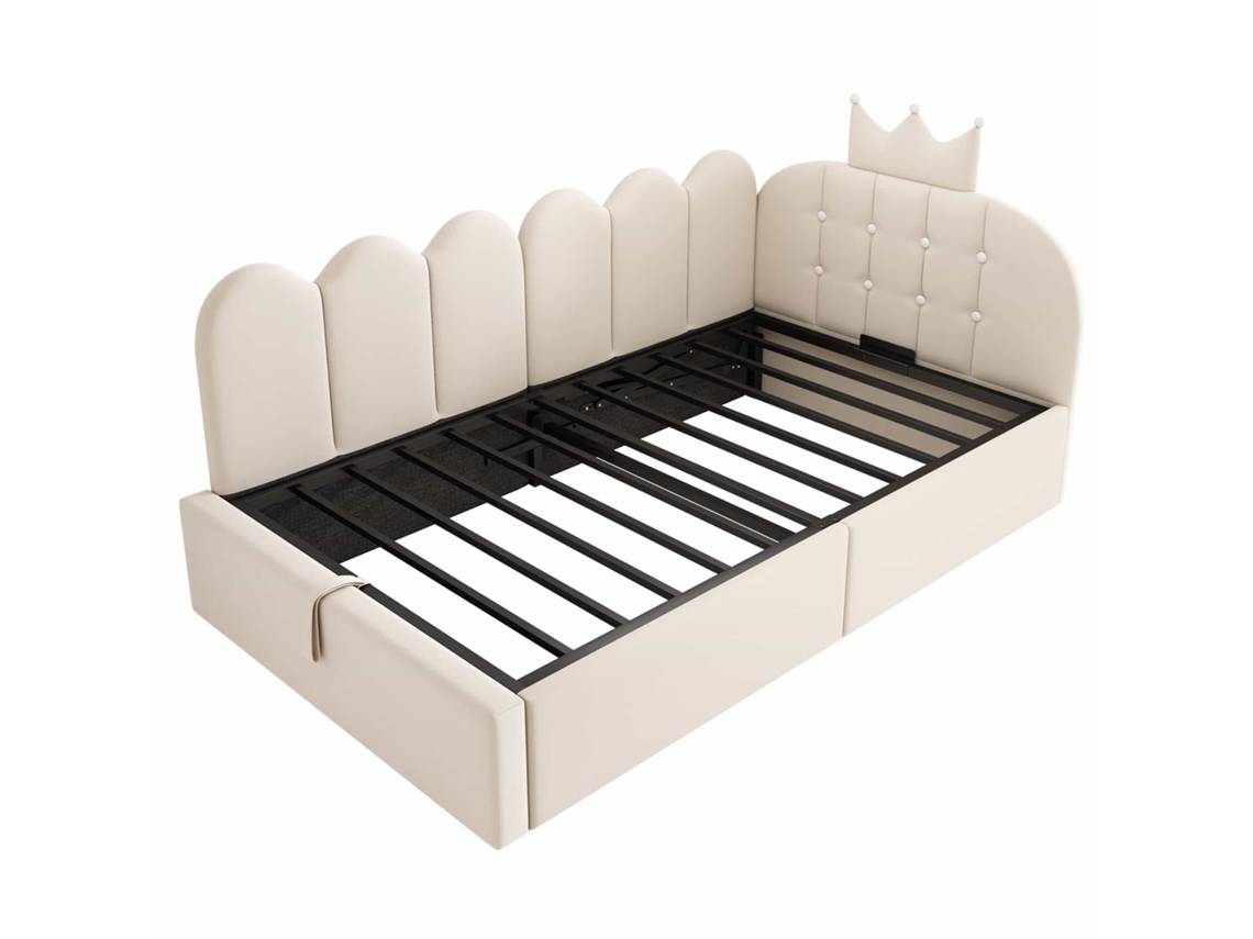 Sofá-cama Estofado 90x190 Cm - Sistema Hidráulico Com Arrumação, Formato Em L, Design Em Forma De Coroa Com Grelha Em Veludo, Sem Colchão - Bege