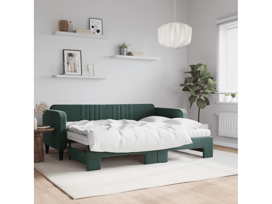 Sofá cama con cajón y colchones de 80x200cm, terciopelo verde oscuro