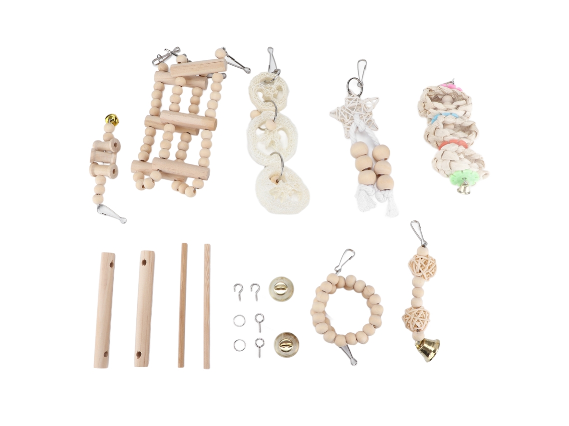 8 Brinquedos para Papagaios Gaiola Suspensa Madeira Balanço Mastigação Escada Espiral Pássaros