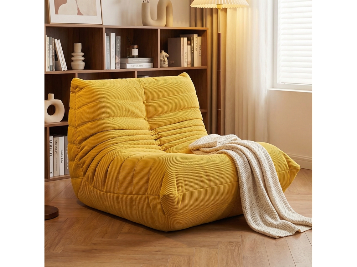Sofá individual, puff para adultos, espuma viscoelástica, puff para usar junto com a Lareira, design ergonômico (80×100×72 cm, Veludo Cotelê Amarelo)