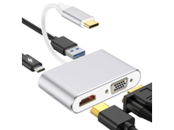 Hub Usb C 4 Em 1 – Hdmi 4k, Vga 1080p, 60w Pd, Usb 3.0 – Para Macbook, Ipad, Samsung Otg Prata Hexinyigjly