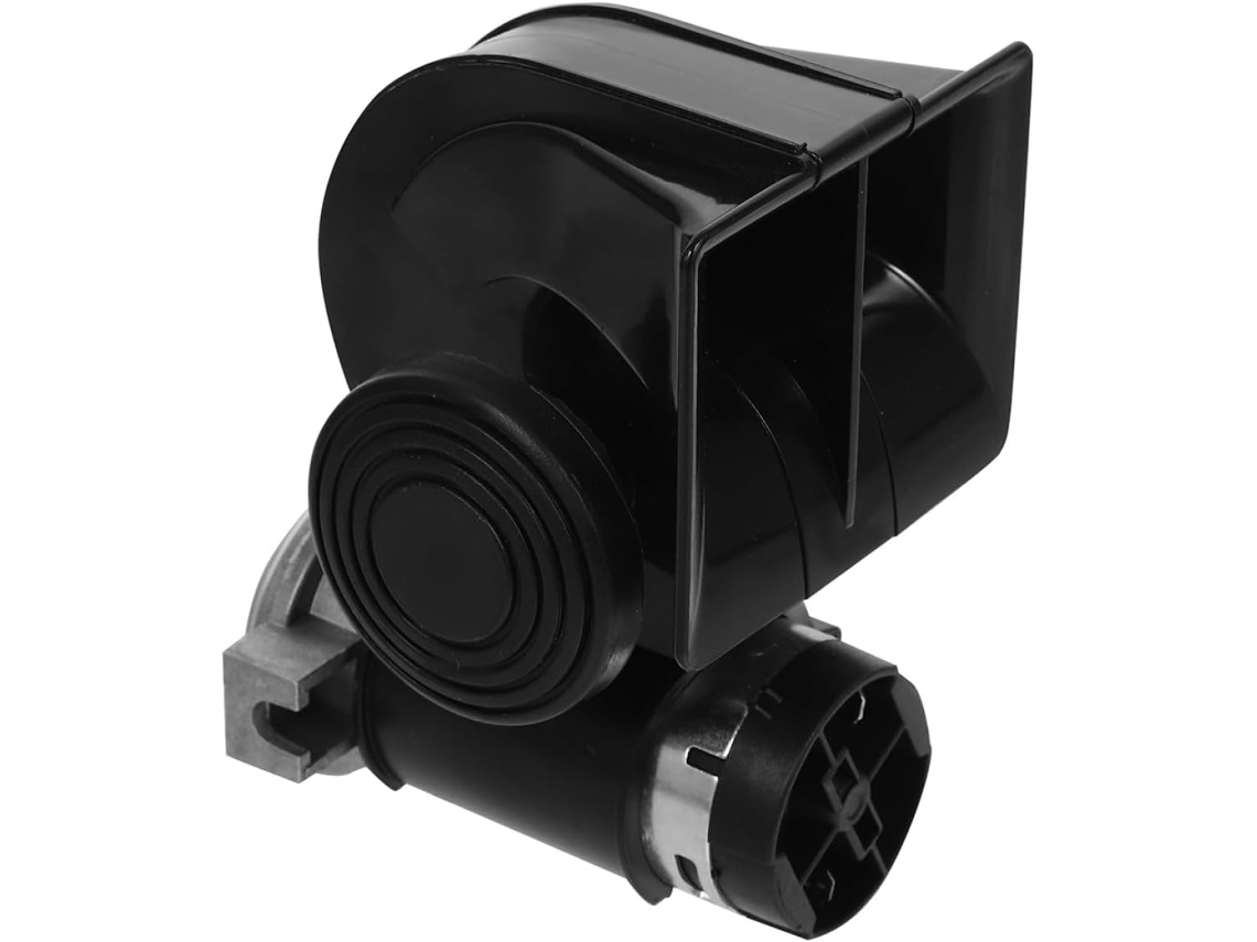 Buzina 12V 20W para carro e motocicleta, em plástico branco sólido com design quadrado.