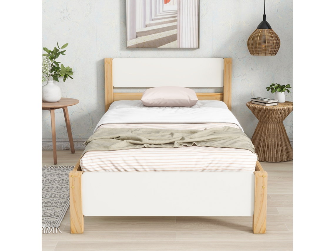 Cama simples 90x200cm, madeira, estrutura de pinho, pés centrais, cabeceira e pé MDF, robusta, sem colchão, natural, KOMHTOM