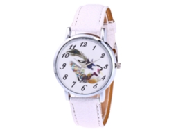Relógio de Casal Unisex com Correia Pu Padrão de Penas Esfera Redonda Quartzo Branco