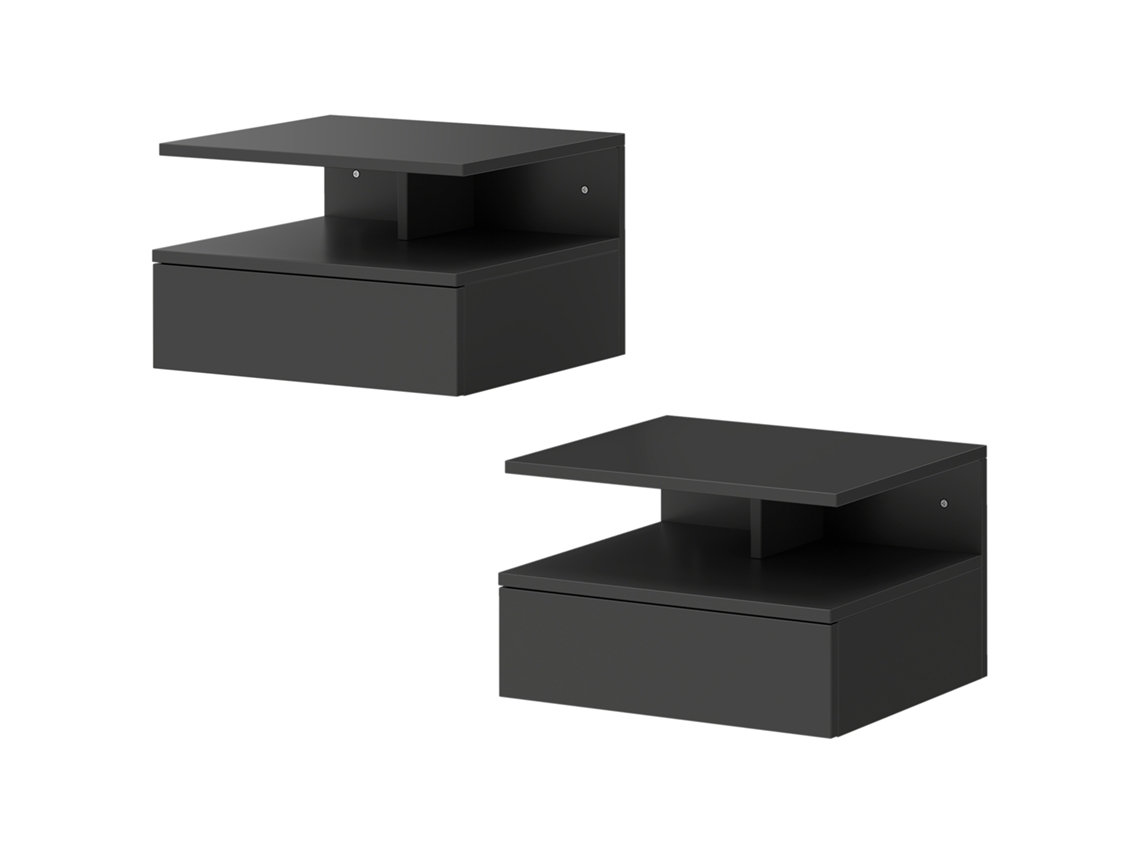 Conjunto De 2 Mesas De Cabeceira Suspensas Com Gaveta Montadas Na Parede 35x32x22,5 Cm Preto