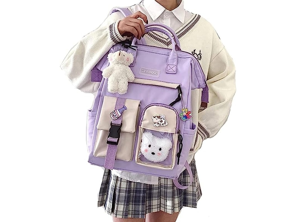 Mochila Escolar Cute Kawaii Para Meninas Com Pins E Acessórios (roxa)