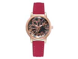 Relógio de Pulso Feminino de Quartzo com Pulseira Pu e Mostrador Redondo Rosa Vermelho