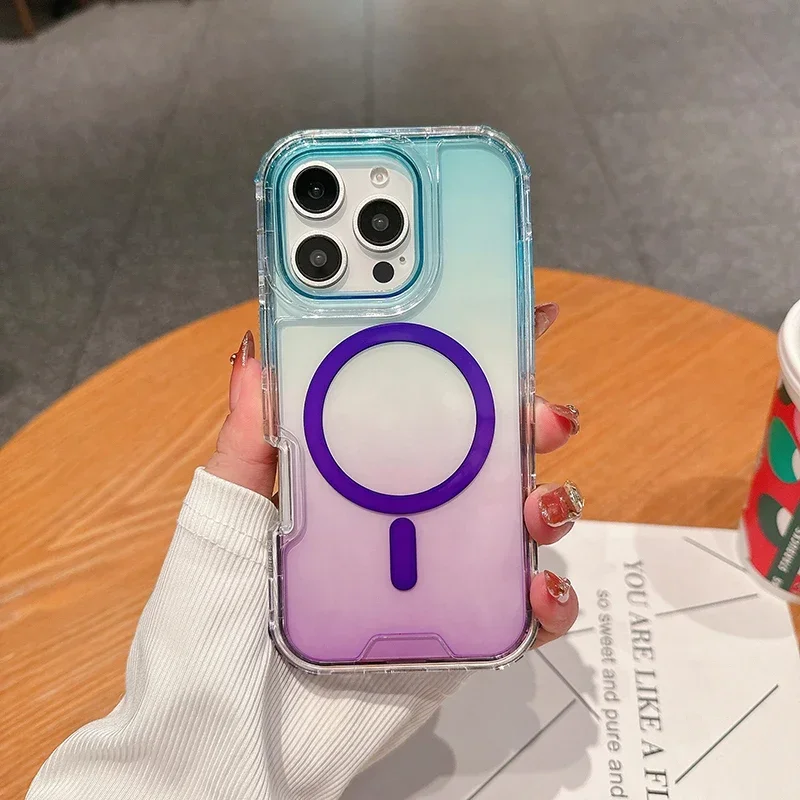 (azul-roxo, Iphone 14 Pro Max) Capa Transparente Com Efeito Degradê À Prova De Choque E Carregamento Sem Fio Magnético.