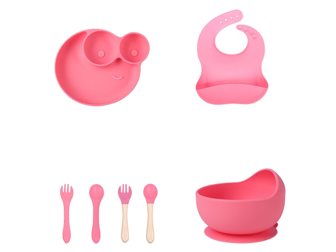 Conjunto 6 Peças Louça Bebé Silicone Rosa: Antiaderente, Bpa-free Para Blw