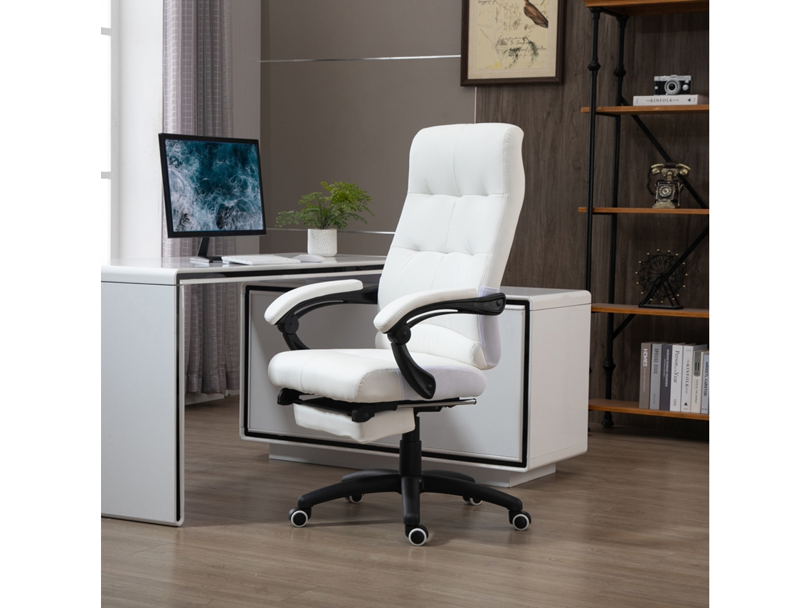 Cadeira de Escritório Ergonómica Reclinável Estofada Pu com Alt.ajust. Apoio para os Braços e Suporte P/ Pés 65x65x118 125 Cm Branco