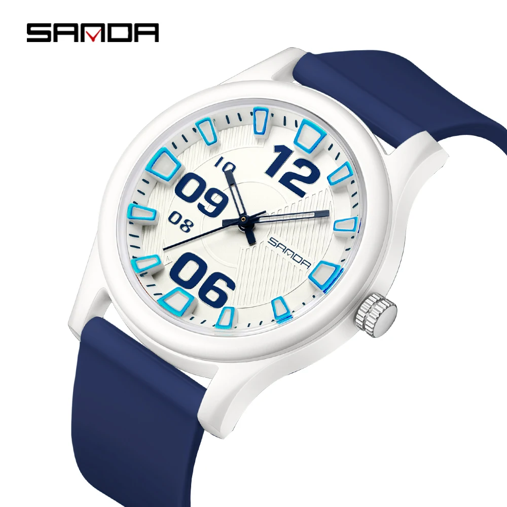 Relógio infantil elegante e simples com sensor de pulso, em azul e branco, com pulseira de silicone luminosa e à prova d'água.