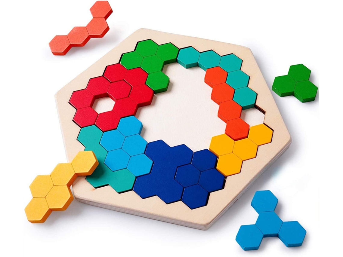 Quebra-Cabeça de Madeira Rolimate Quebra-Cabeça de Hexágono de MadeiraBloco de Forma Tangram Quebra-Cabeça Geometria Lógica J JEDBESETZT