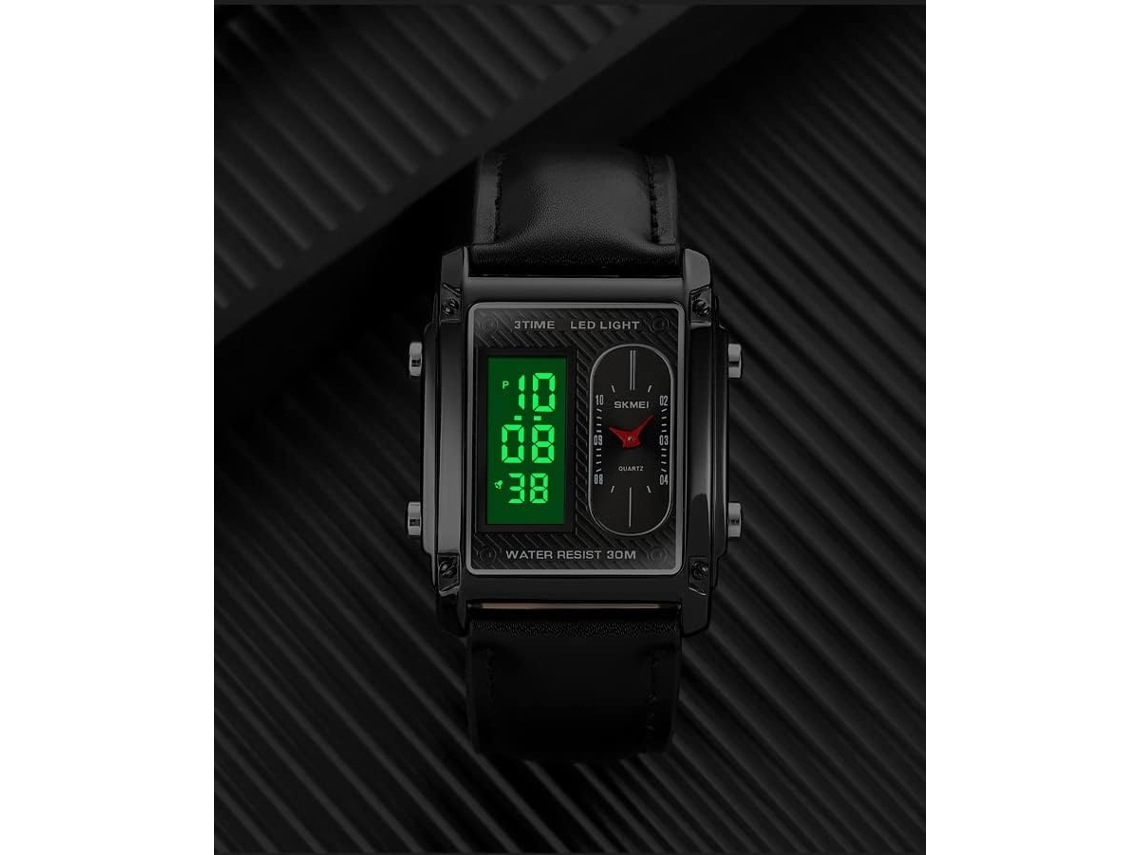 Lurelia Relógio Digital Masculino, Modelo Wr-30, Visor Digital, Led, Cronómetro, Alarme, Data/calendário, 12/24h, Aço Inoxidável, Couro, Preto