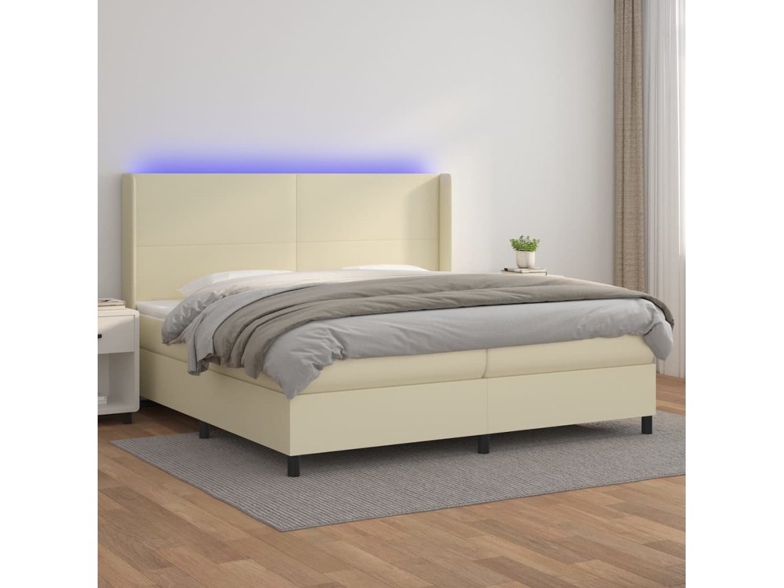 Vidaxl Cama Box Spring C/ Colchão/led 200x200cm Couro Artificial Creme